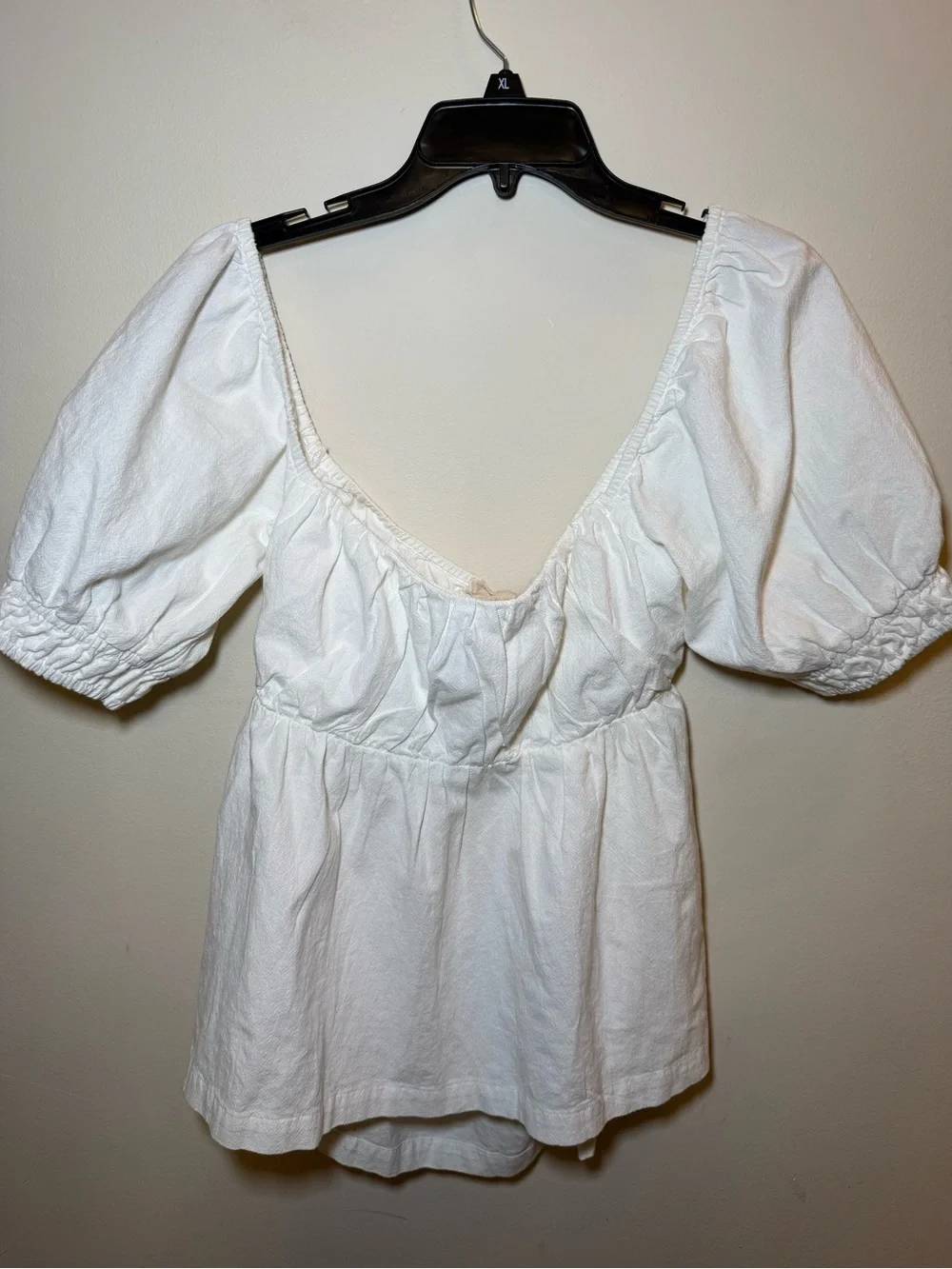 Free People White Cotton Babydoll Blouse NWT Medium Puff Sleeves Open Tie Back